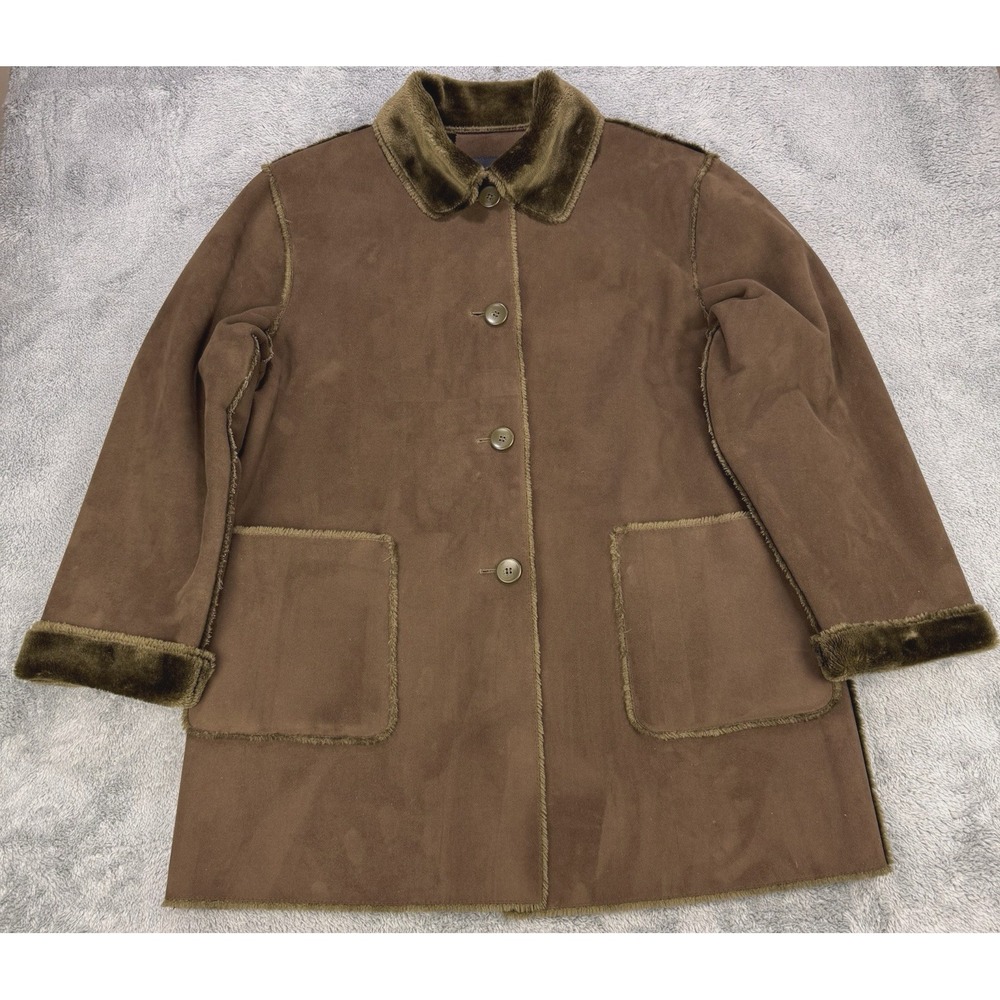 Bernardo Faux Shearling Coat Women L Olive Button Front Faux Fur Collar # 2414